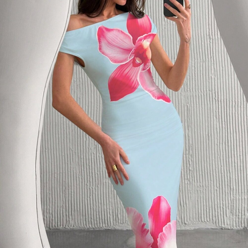 Multicolor Elegant Women's Resort Asymmetric Floral Print Bodycon Long Dress - Picture 3 of 6